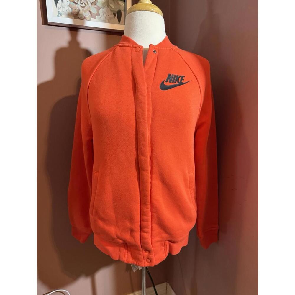 Nike Rally Orange Varsity Bomber Jacket Womens Small Knit Fleece Snap Front